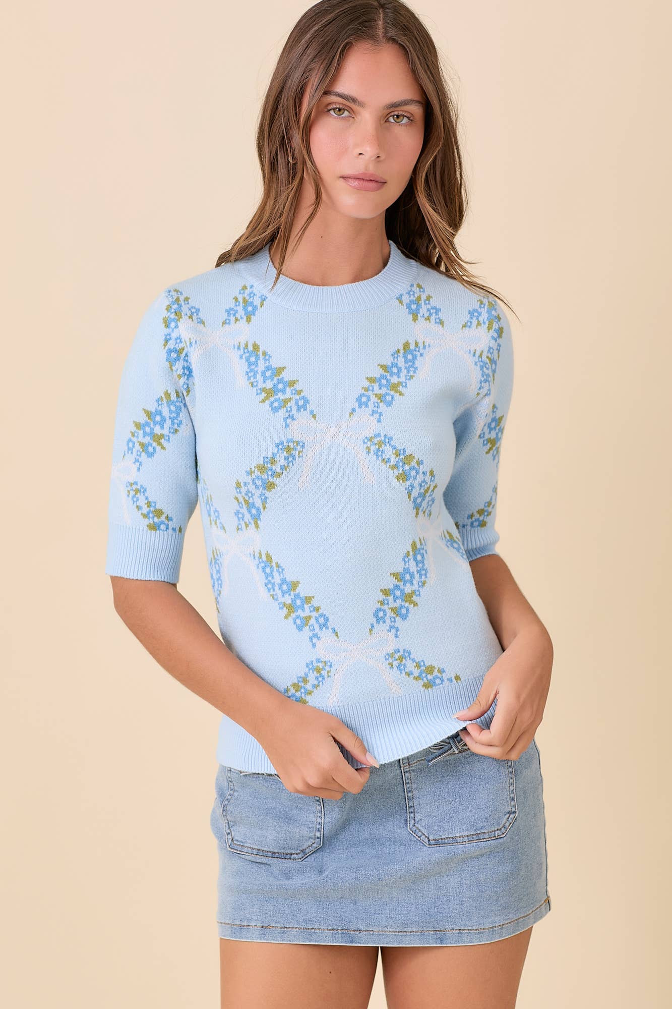Floral Ribbon Print Sweater Knit Top