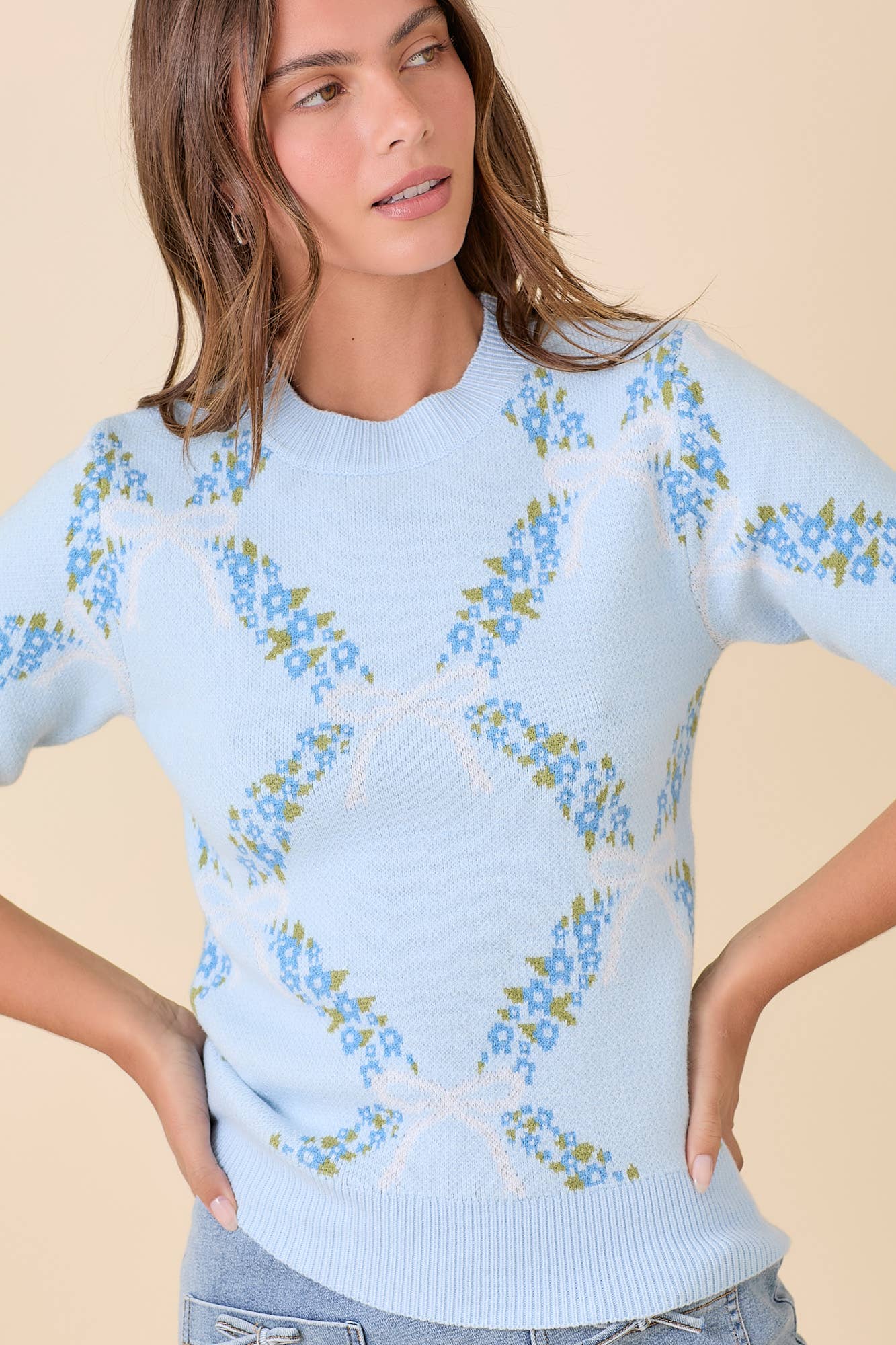 Floral Ribbon Print Sweater Knit Top