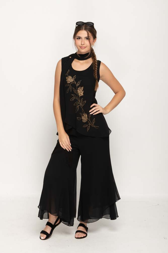 Embellished Sleeveless Top With Scarf And Pants Set
