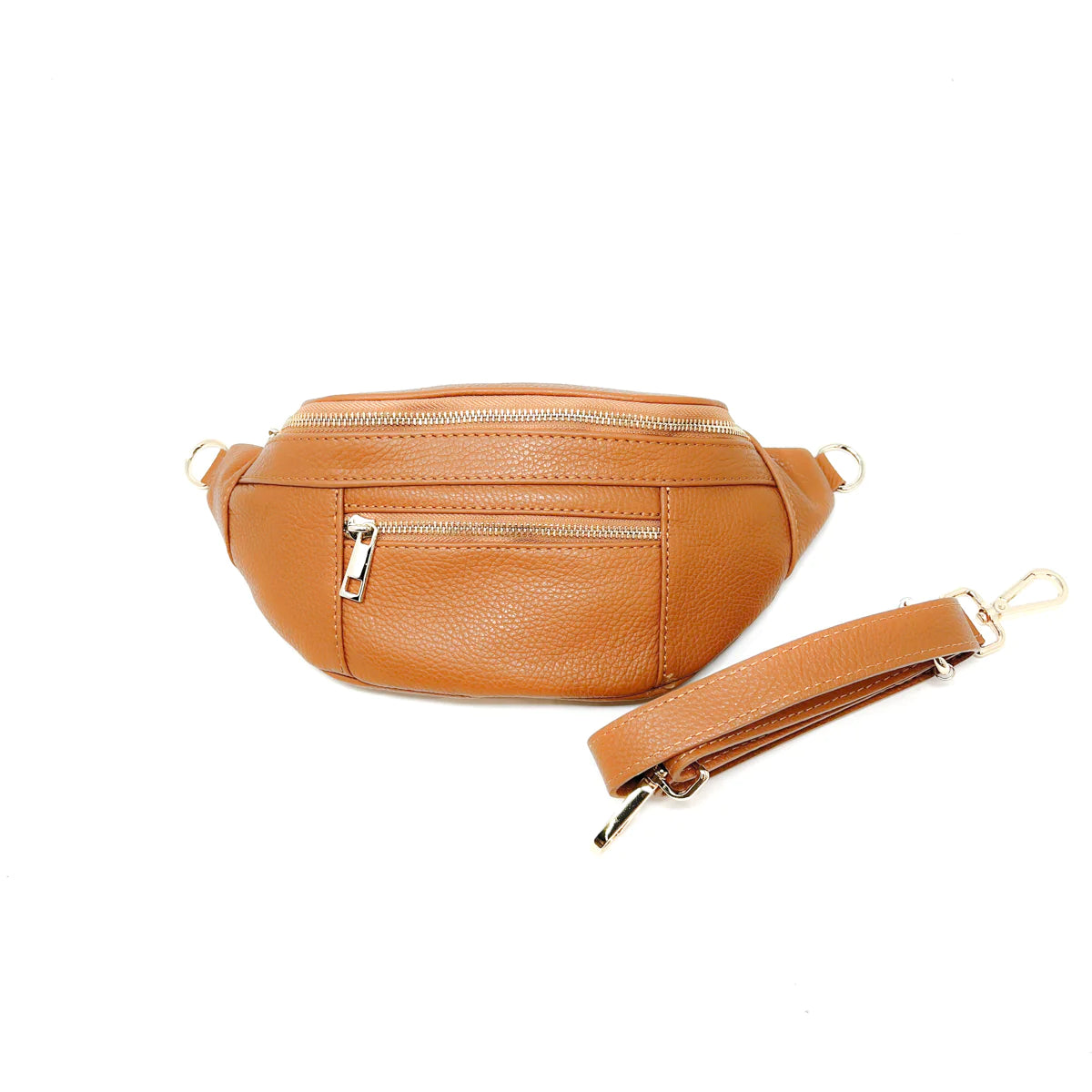 Leather Fanny Pack at KADOU Boutique in Camel color. Strap is by the side.