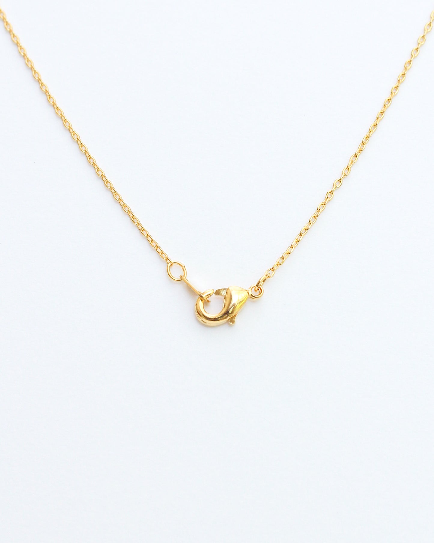 Gold initial necklace. Lobster clasp view.