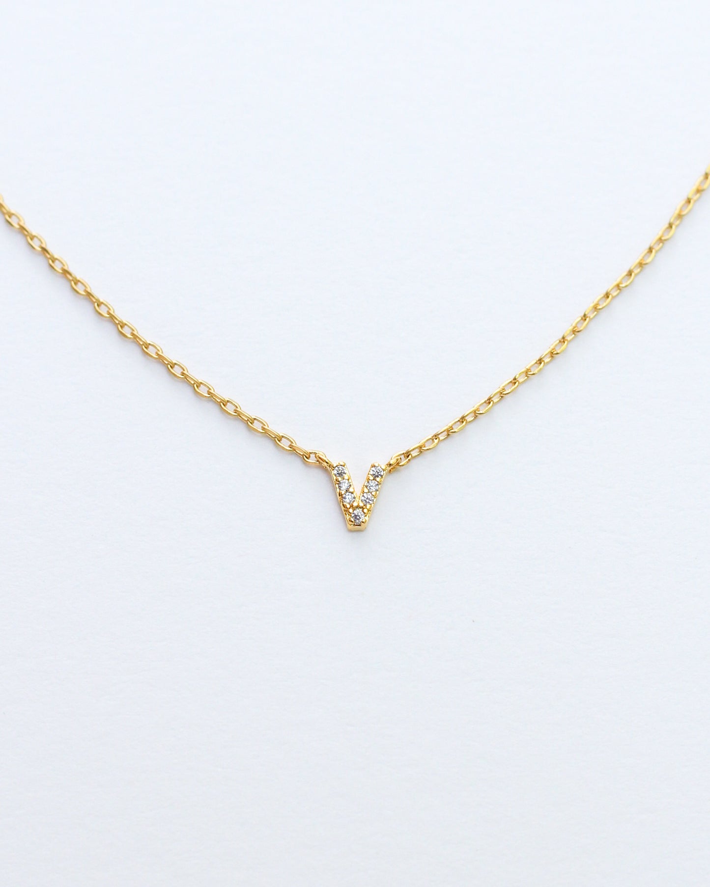 Mini Pave Initial Necklace - Letter V.