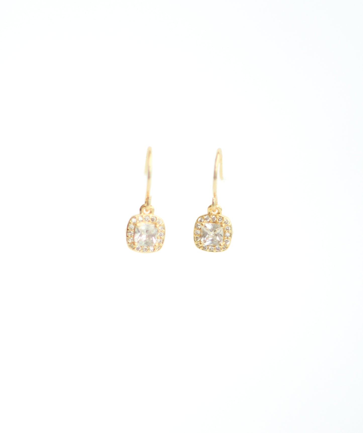 Small Cushion Halo French Wire Earrings. 18K gold plated. From Kadou Boutique.