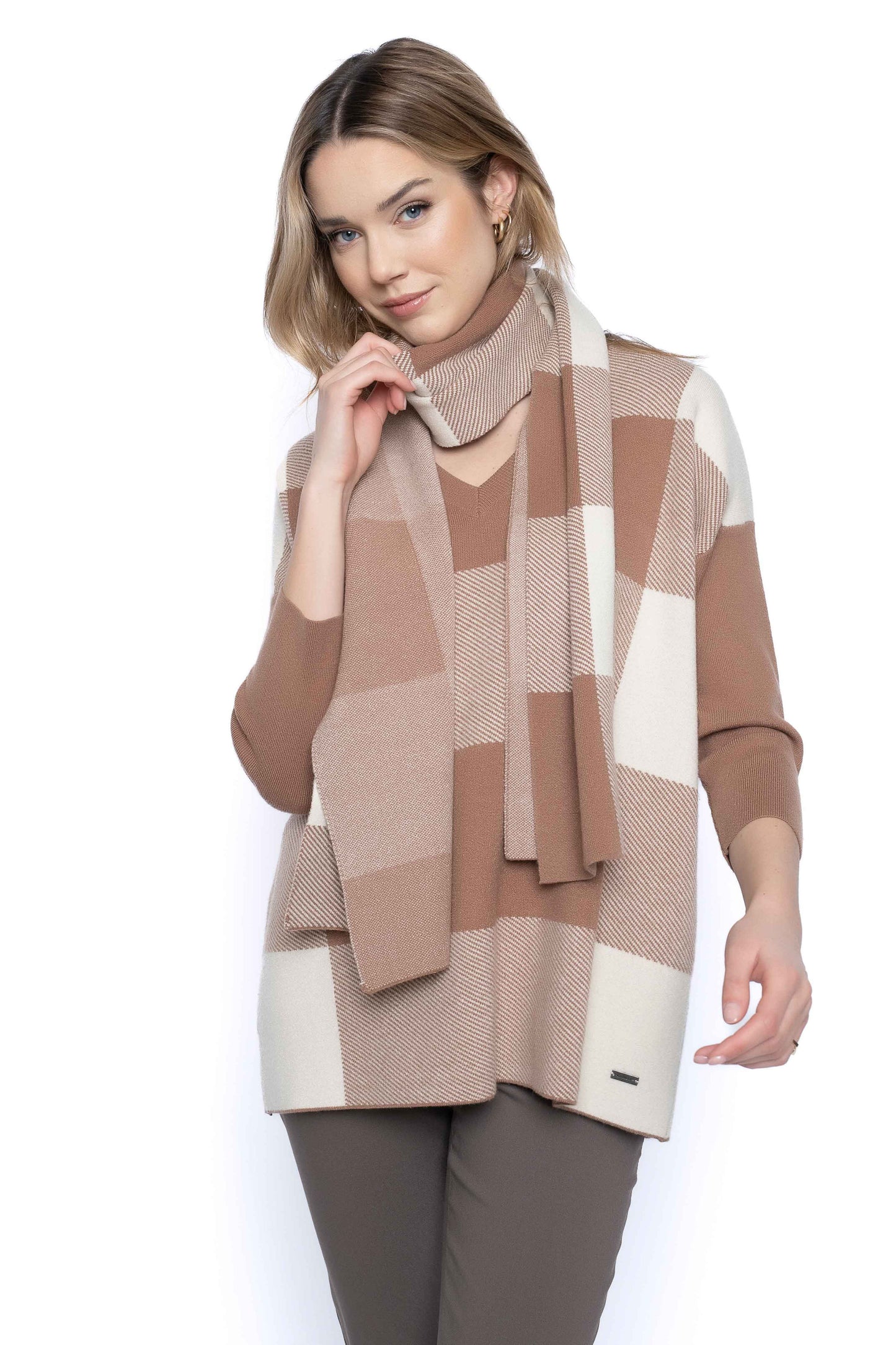 V-Neck Plaid Sweater with Scarf