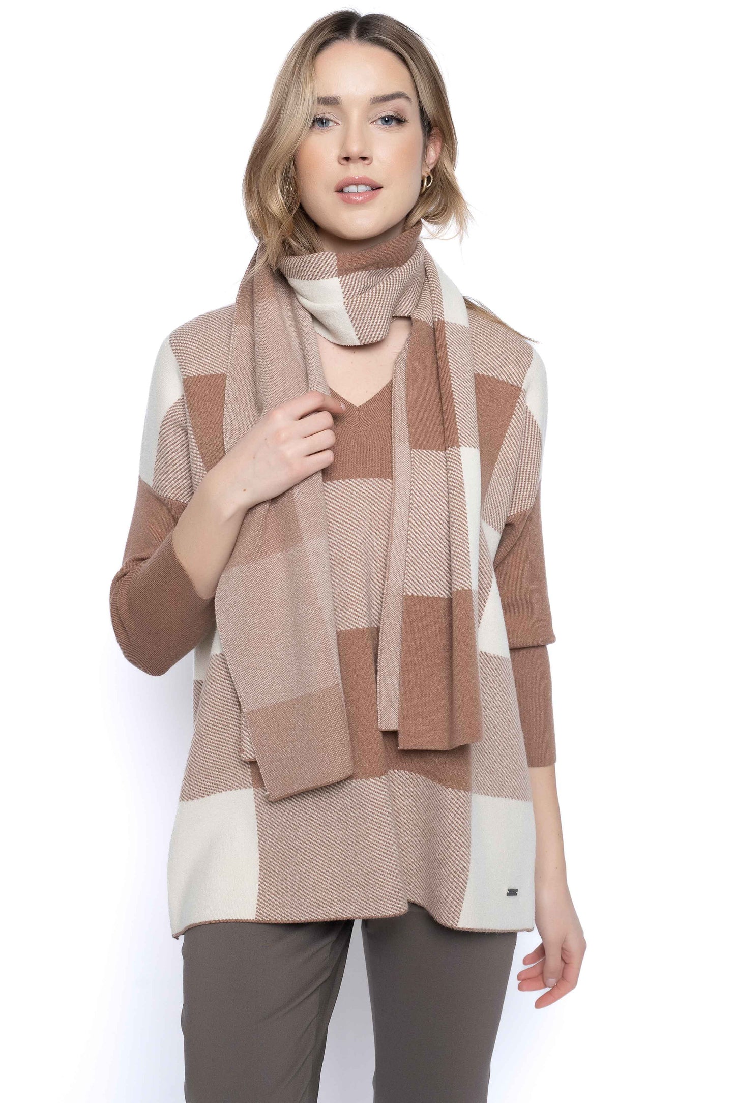 V-Neck Plaid Sweater with Scarf