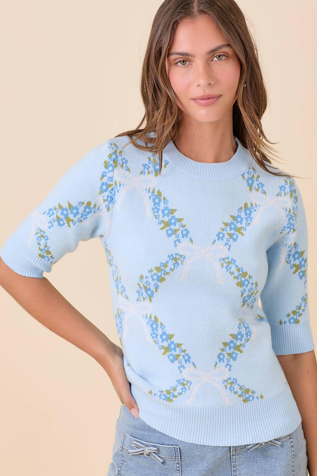 Floral Ribbon Print Sweater Knit Top