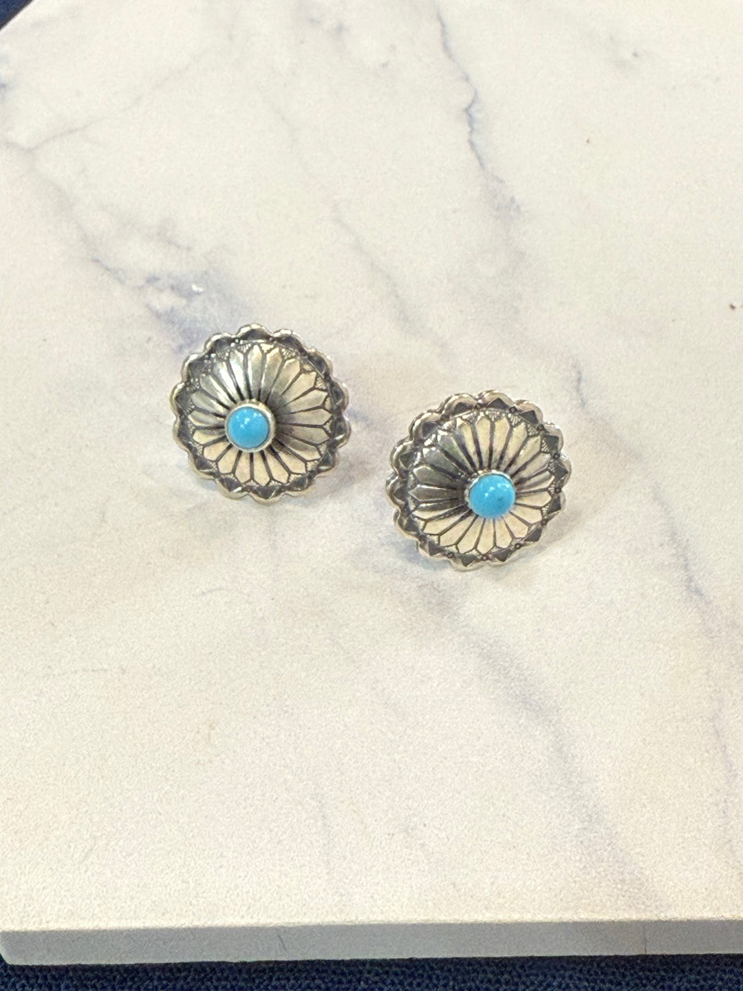 Handcrafted Sterling Silver Kingman Turqoise Concho Stud Earrings