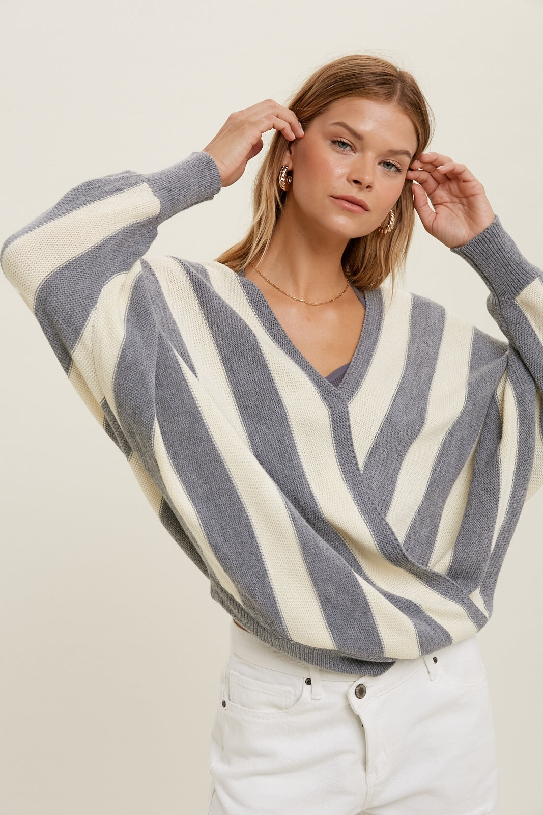 Striped Surplice Batwing Sweater