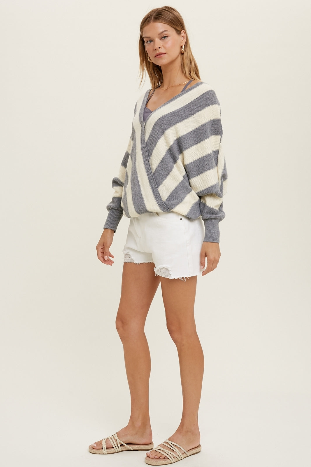 Striped Surplice Batwing Sweater