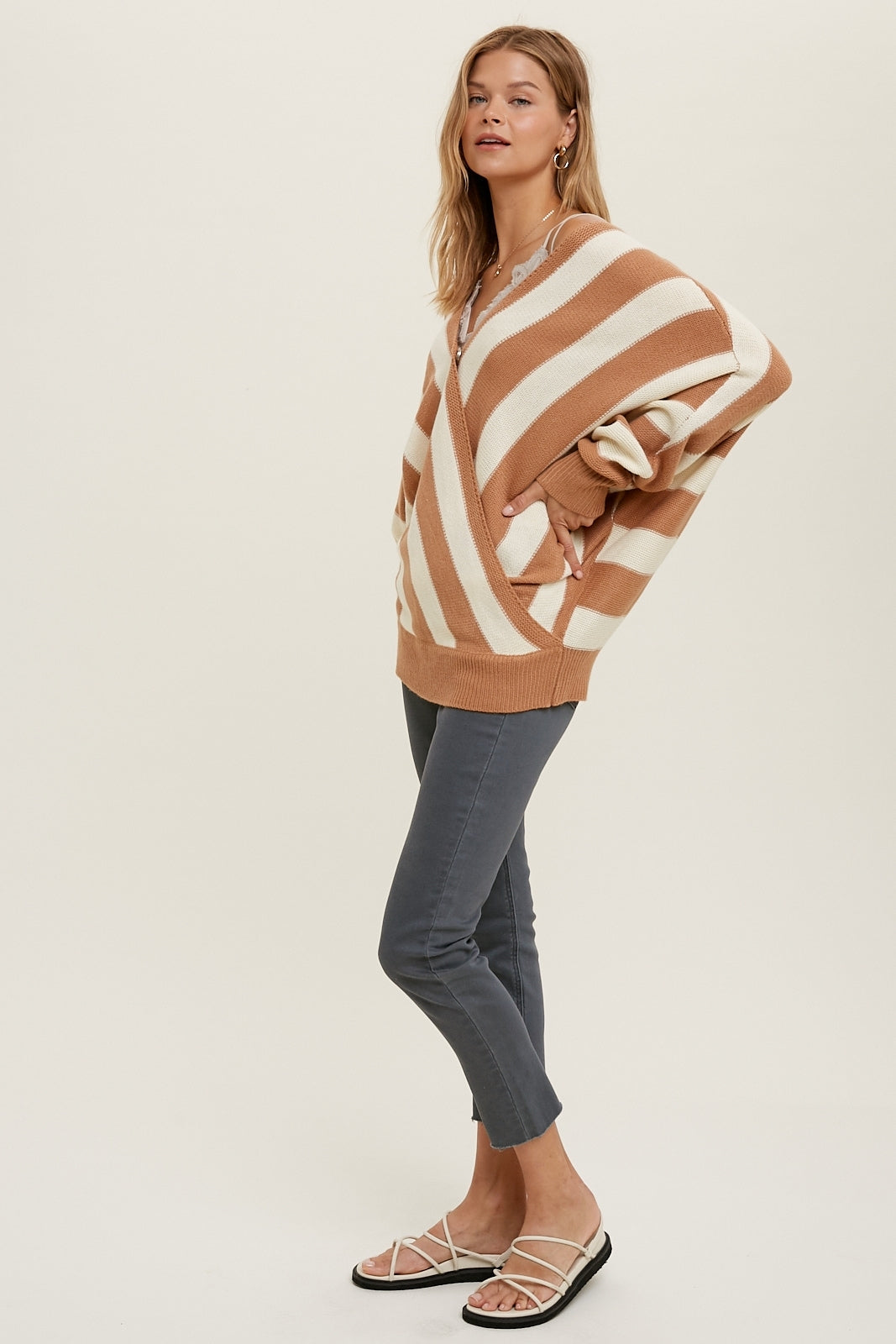 Striped Surplice Batwing Sweater