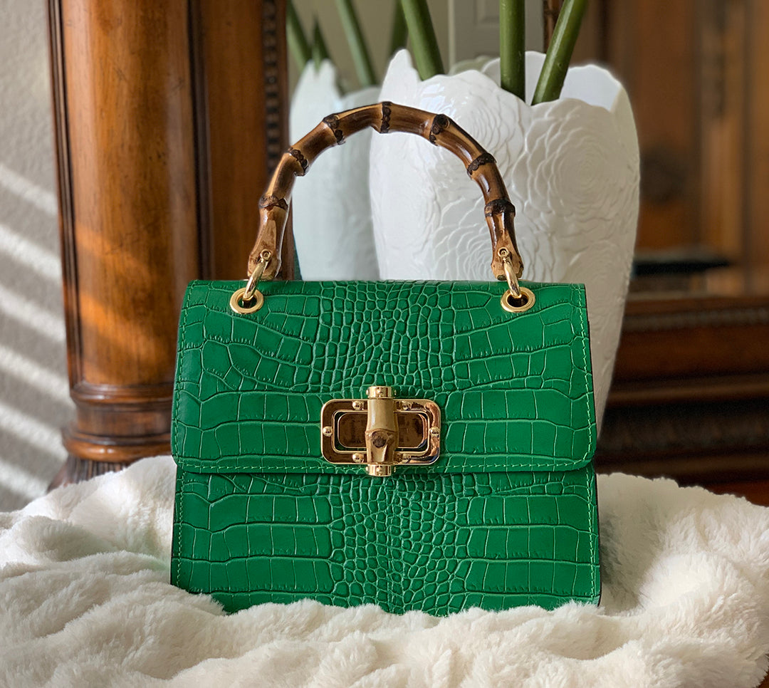 German Fuentes Bamboo Top Handle Genuine Leather Handbag