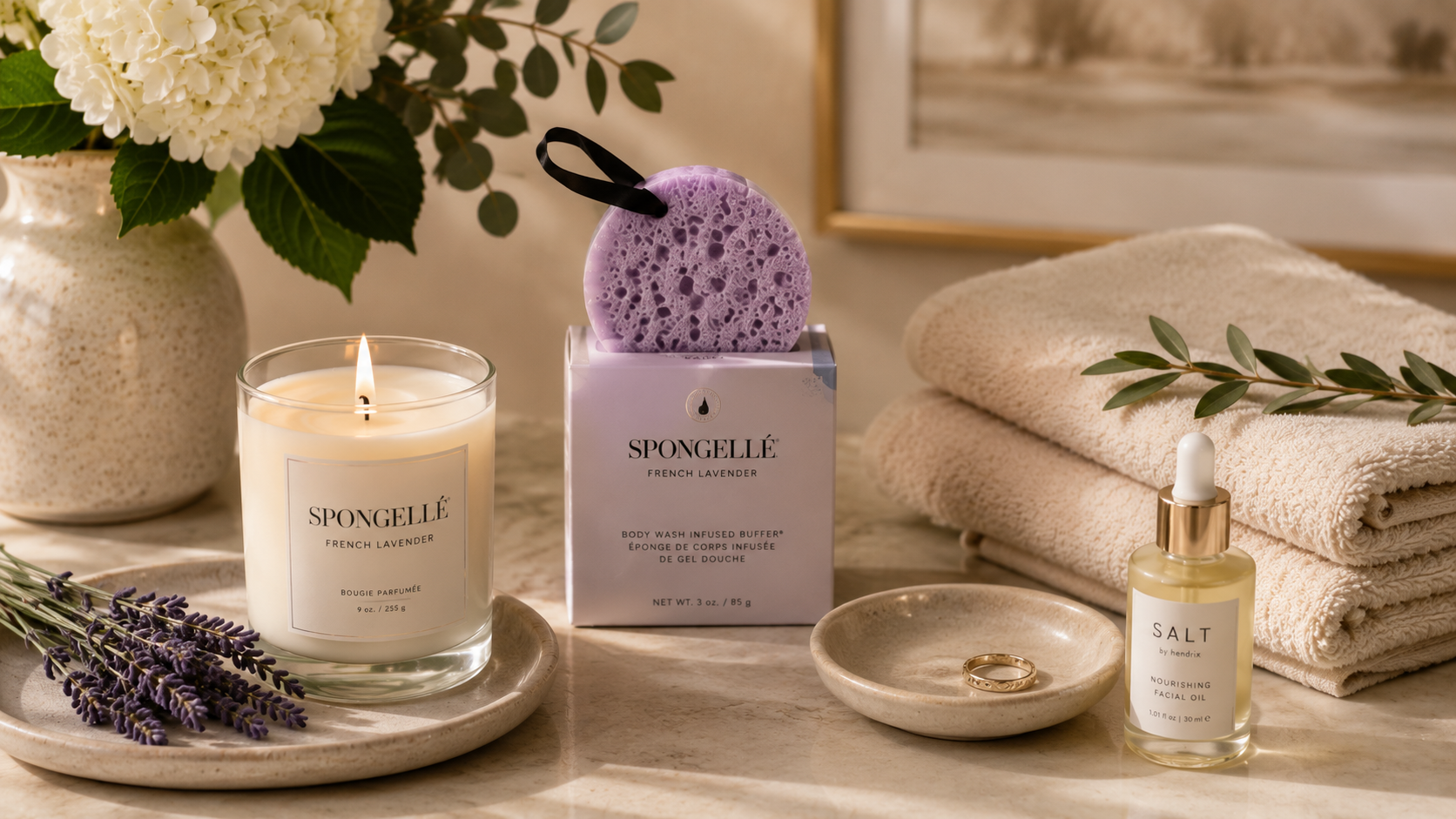Thoughtful gifts and self-care products for women styled with candles, bath essentials, and soft towels