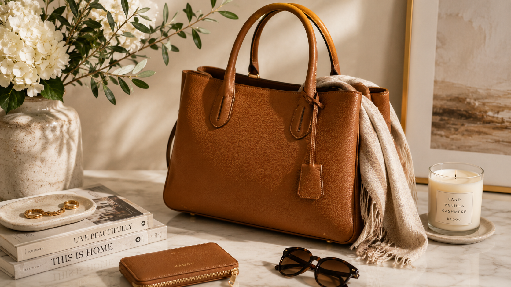 Elegant women’s handbag collection styled with warm neutral accessories at KADOU Boutique
