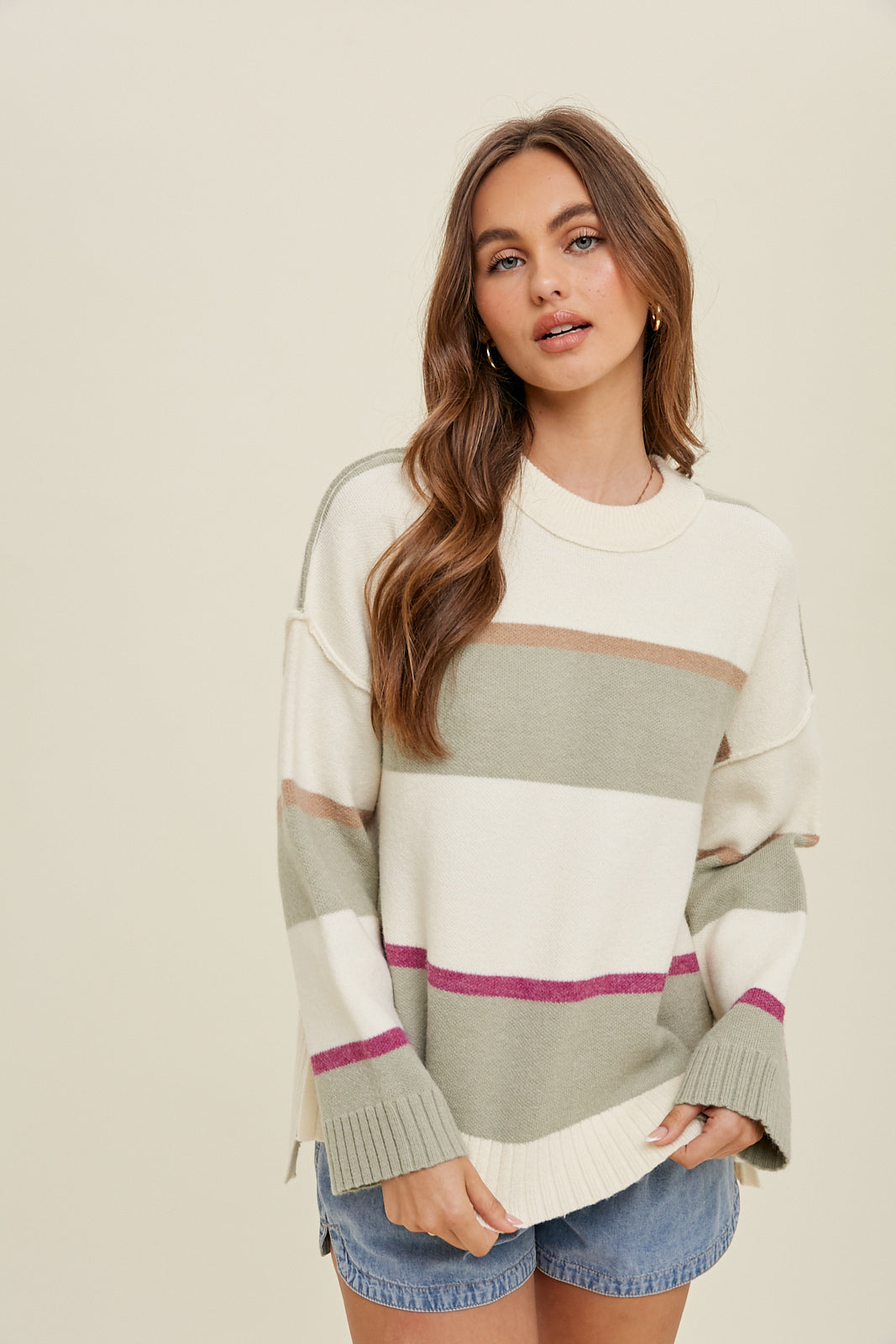 High Low Multicolor Striped Sweater in cream and sage color.