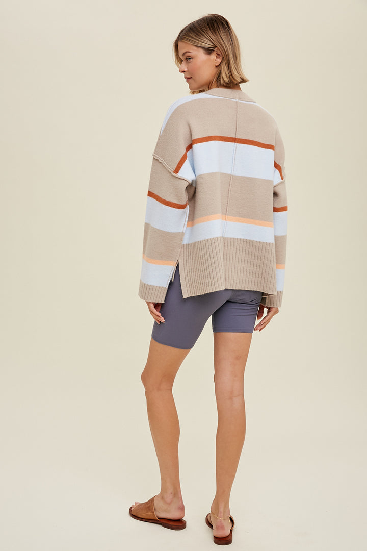 Back view of the High Low Multicolor Striped Sweater.