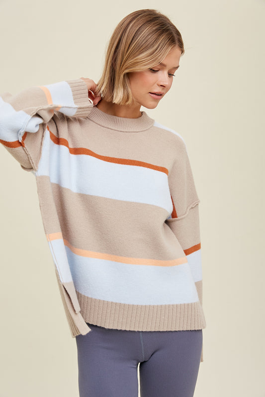 The High Low Multicolor Striped Sweater in Champaign and Blue color.