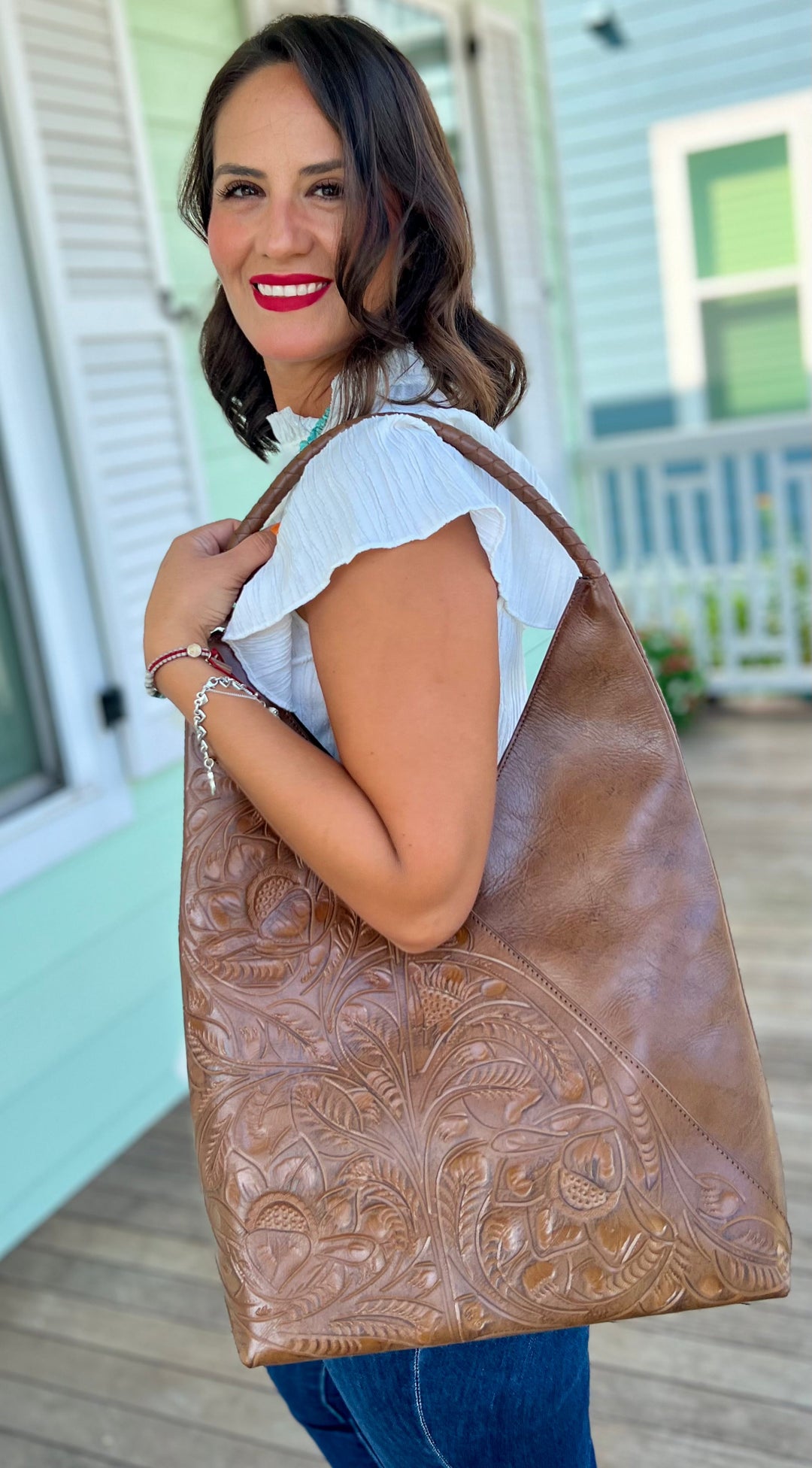 The Nancy Ann | Hand-Tooled Leather Shoulder Bag from KADOU Boutique