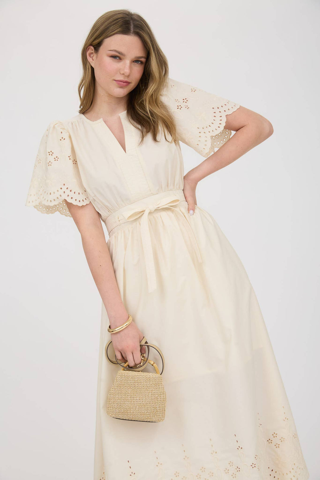 Eyelet Detail Belted Midi Dress