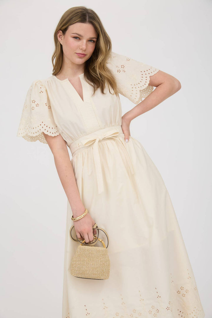 Eyelet Detail Belted Midi Dress