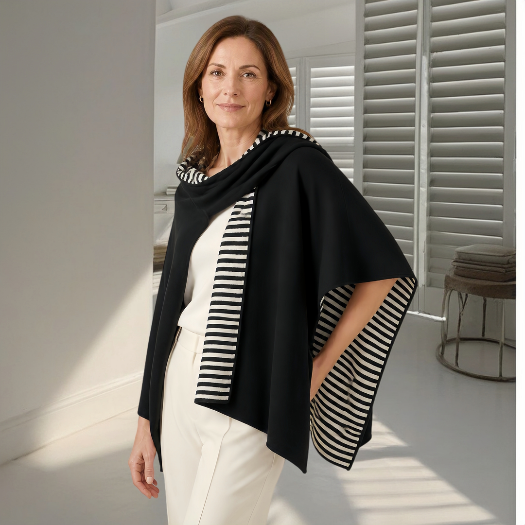 Reversible Pima Cotton Cape — Black & Stripe #153320 from KADOU Boutique