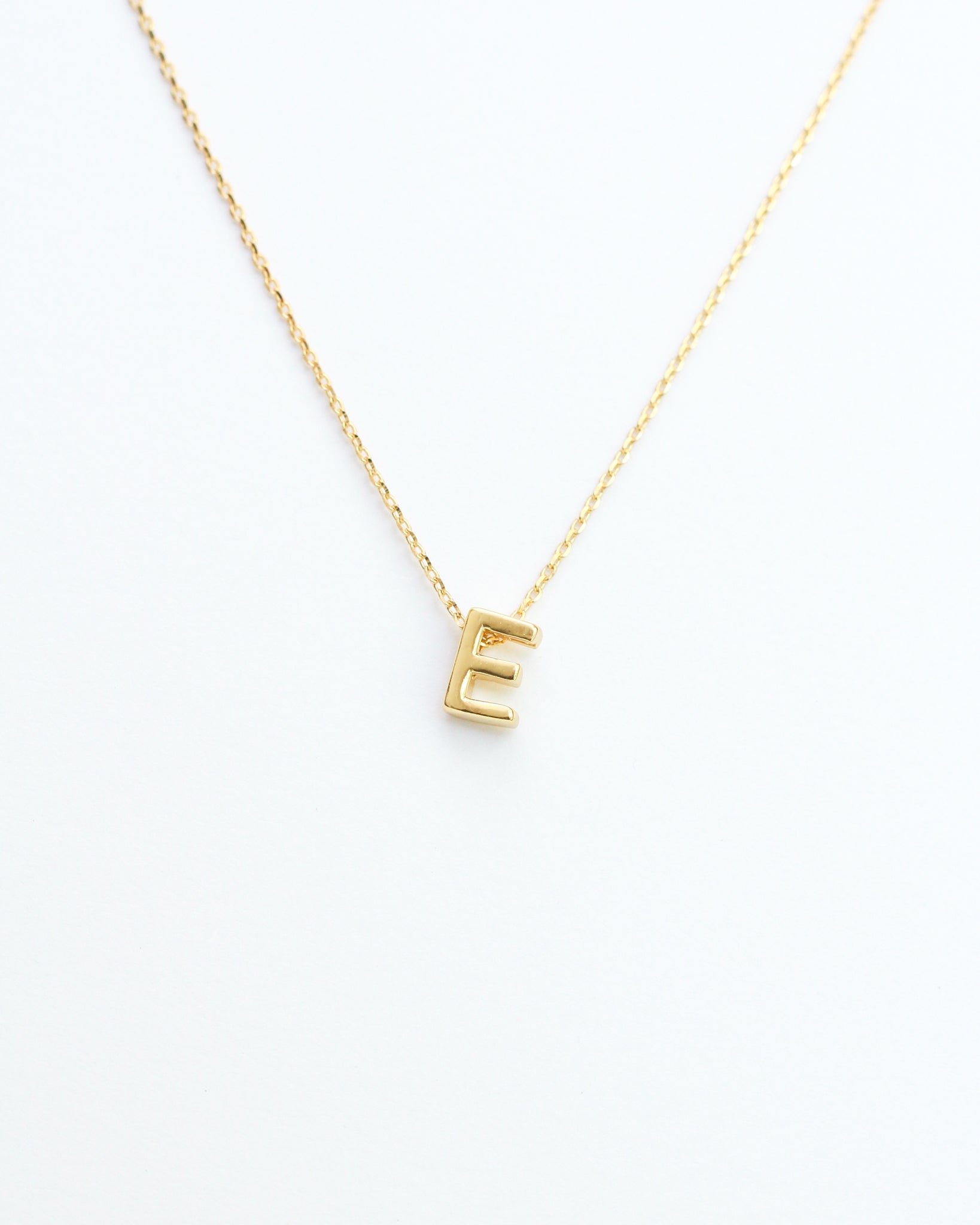 Gold Initial Letter Block Necklace. Letter E necklace