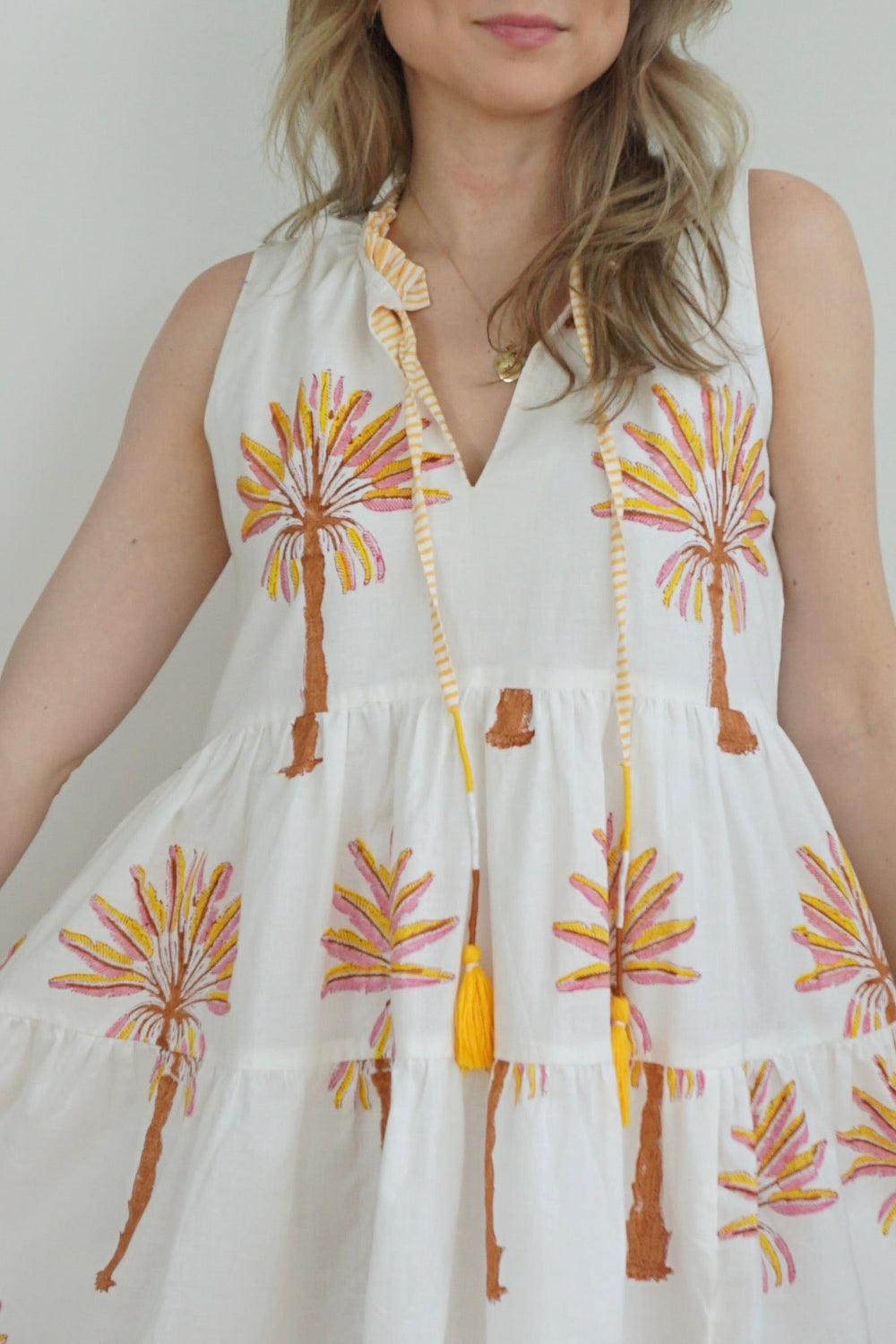 Molly Mini Dress - Yellow/pink Palms from KADOU Boutique