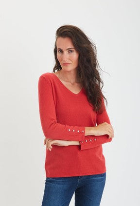Cashmere V‑Neck Sweater with Button Cuff Detail 