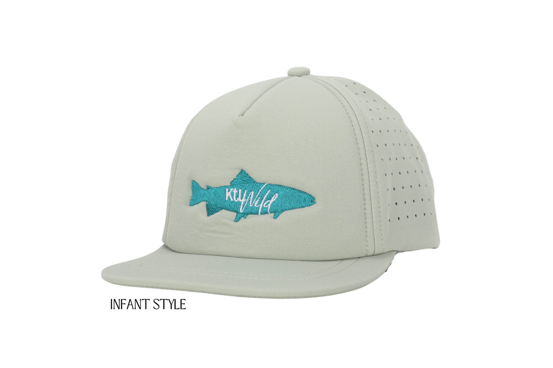 Light gray cap with blue fish logo and &