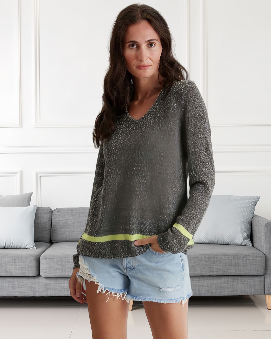 Relaxed V-Neck Knit Sweater w Neon Accent Stripe 