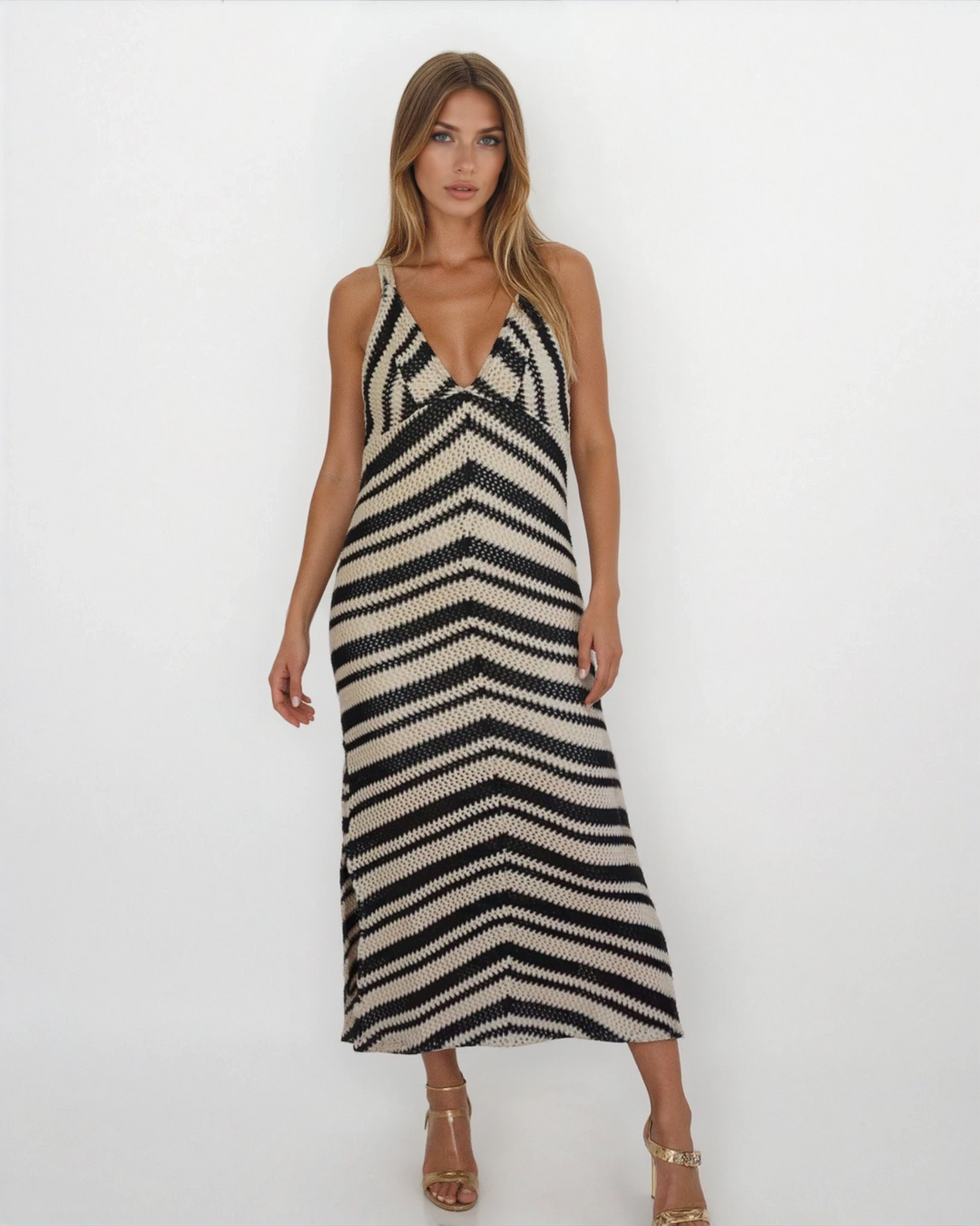 black and white crochet maxi dress White Monochrome Zig Zag Crochet Maxi Dress
