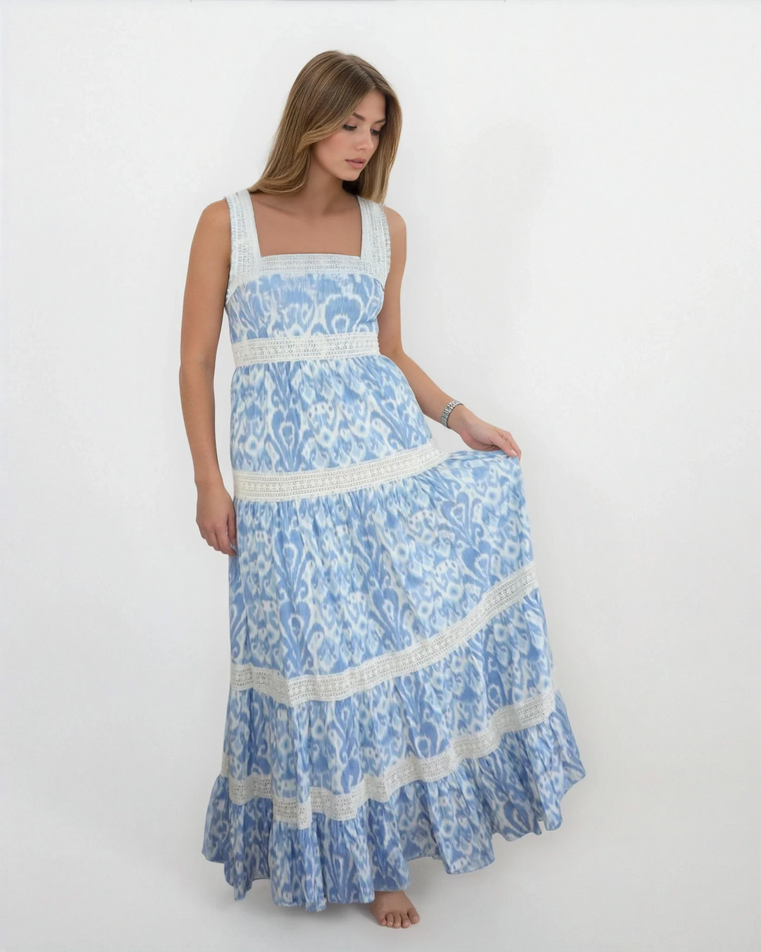 blue ikat maxi dress Blue Ikat V-Neck Flutter Sleeve Maxi