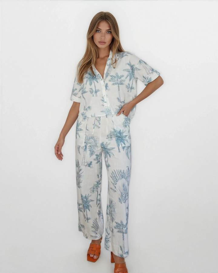 Brenna Pant in Faded Teal Palms from KADOU Boutique