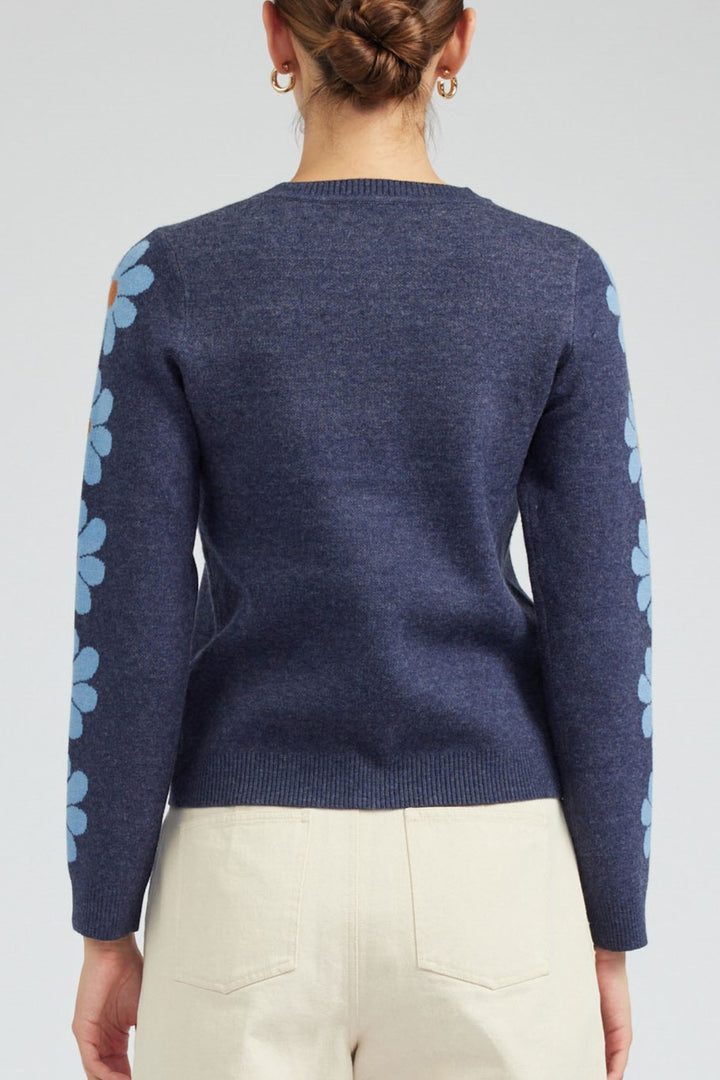 Floral Pattern Round Neck Long Sleeve Sweater