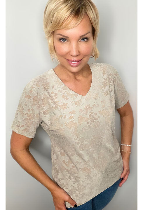 The Textured Tee Top in Light Taupe color.