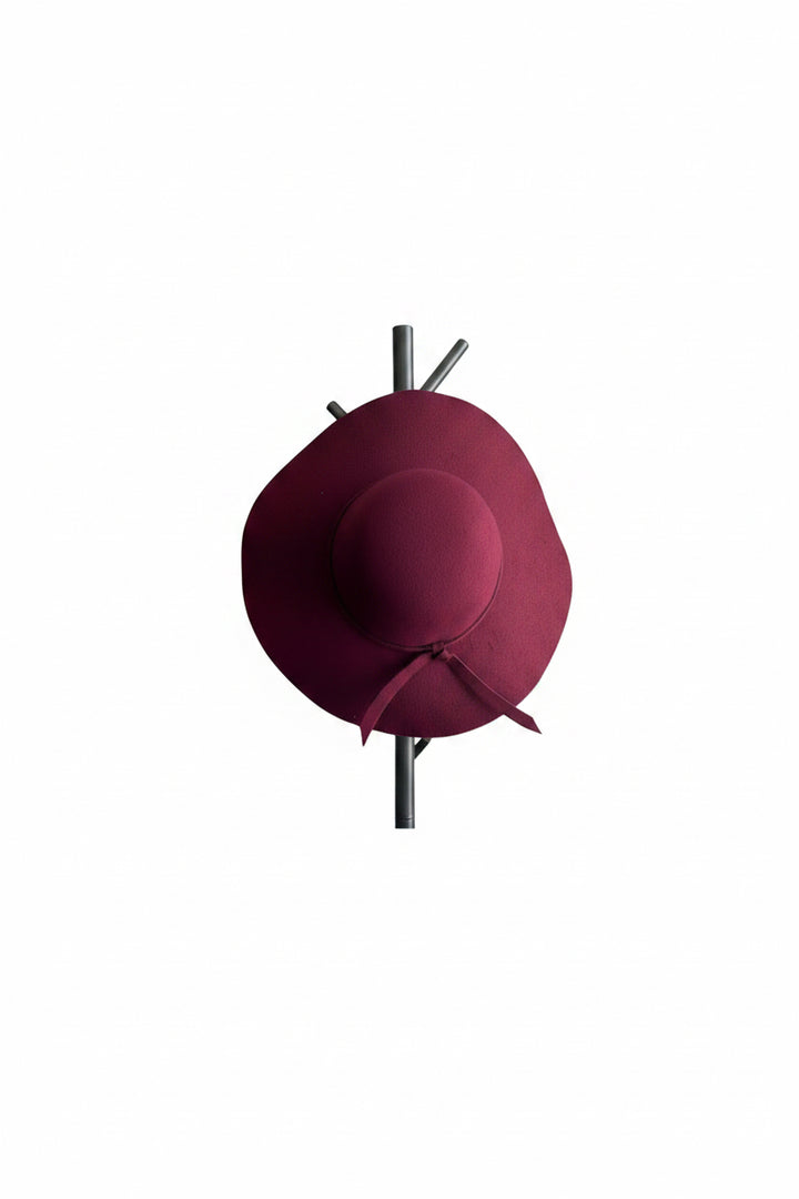A wide-brimmed felt hat in a deep burgundy color, hanging on a black coat rack with white background.
