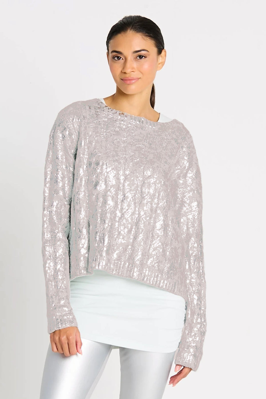 Pima Cotton Mini Foil Cable Crewneck Sweater - Putty/Silver