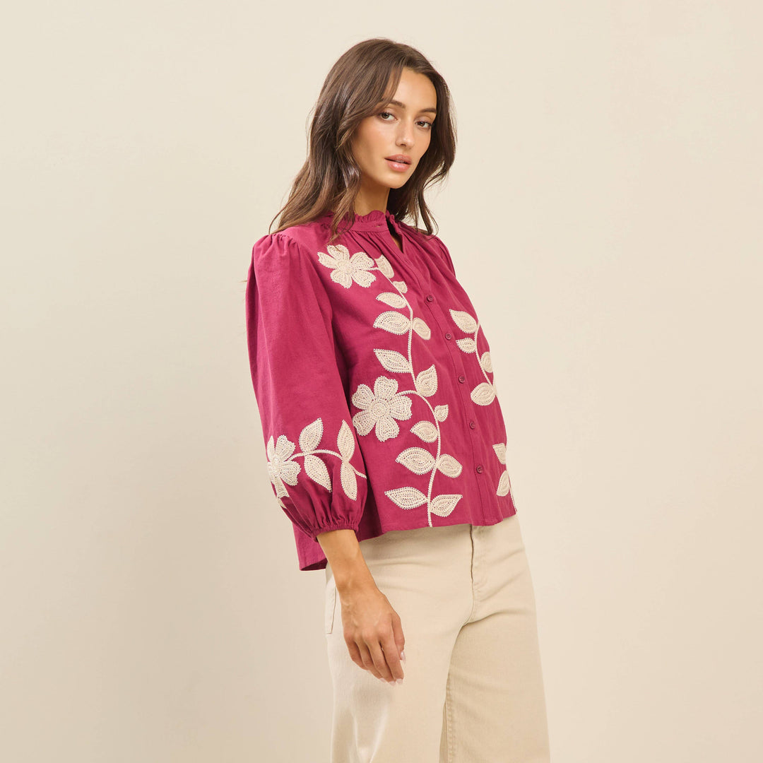 Balloon Sleeve Embroidered Cotton Blouse
