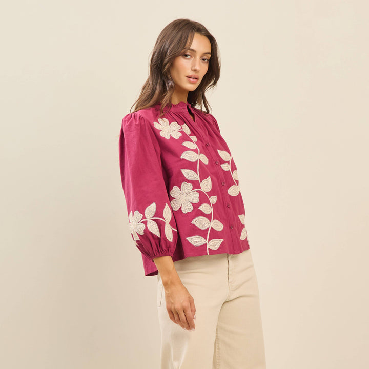Balloon Sleeve Embroidered Cotton Blouse