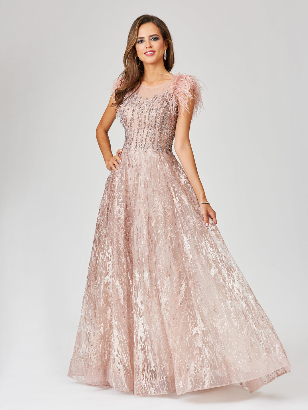 Lace ballgown with Feather Cap Sleeves