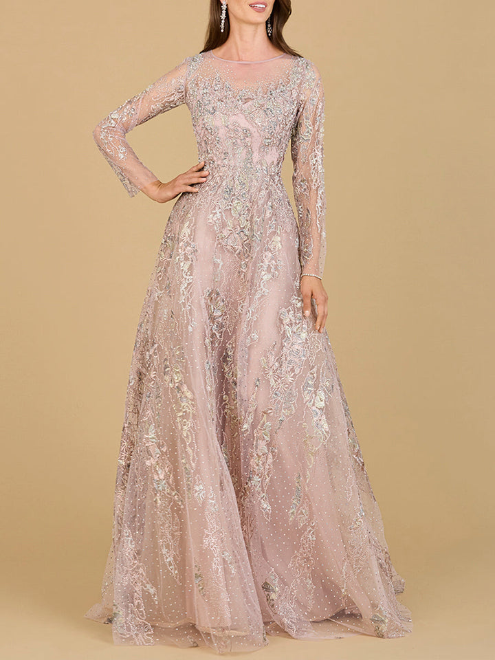Lara 29618 - Beaded Long Sleeve A-line Dress