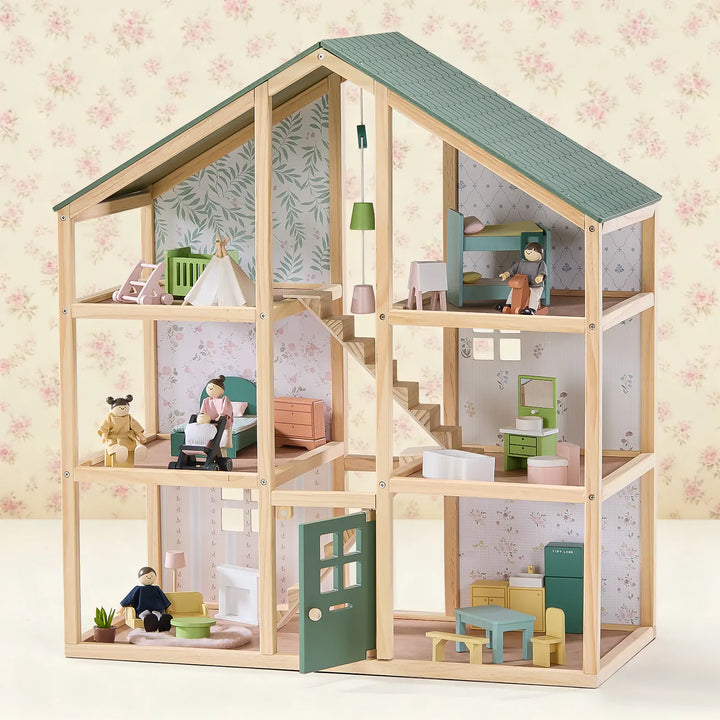 Tiny Land® Sweetwood Evergreen Dollhouse &amp; Wooden Dollhouse Dolls