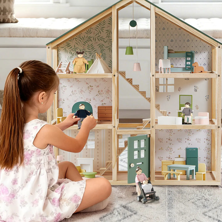 Tiny Land® Sweetwood Evergreen Dollhouse &amp; Wooden Dollhouse Dolls