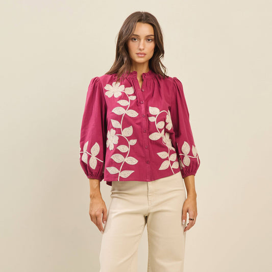 Balloon Sleeve Embroidered Cotton Blouse
