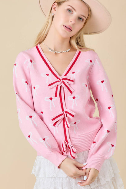 Sweater Knit Cardigan With Ribbon Bow Detail