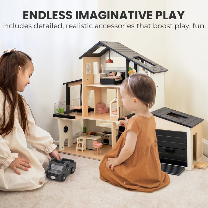 Sweet Family Gift Set: Black Dollhouse &amp; Dollhouse Garage &amp; Extra Dolls Set