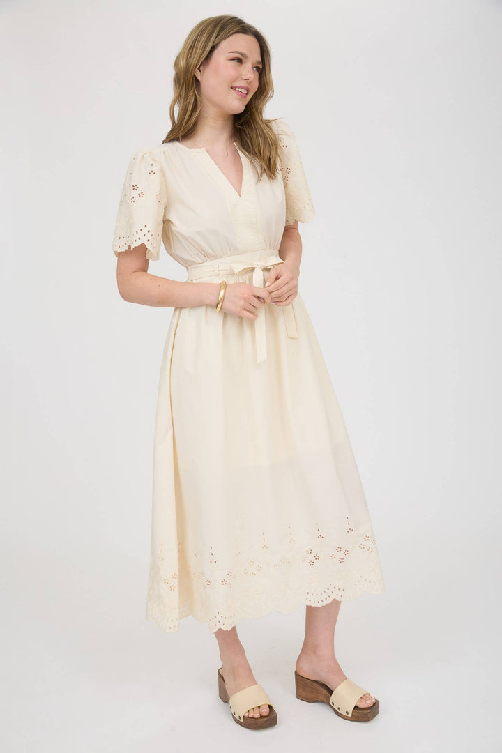 Eyelet Detail Belted Midi Dress