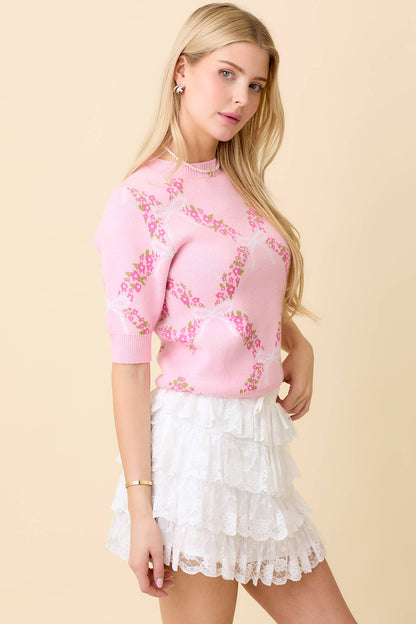 Main Strip - Floral Ribbon Print Sweater Knit Top