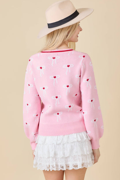 Sweater Knit Cardigan With Ribbon Bow Detail