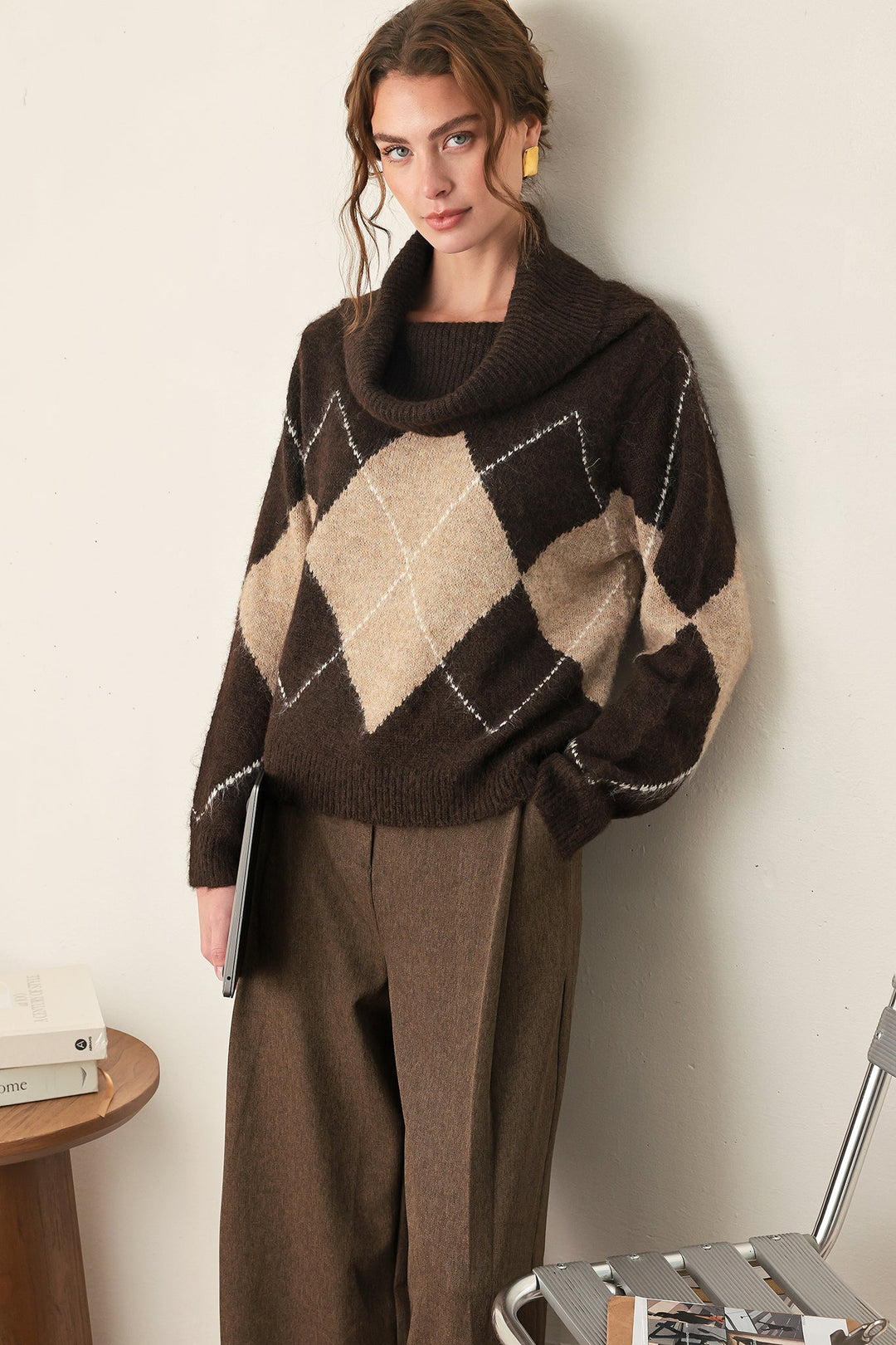 Cozy Moments Brown Argyle Cowl Neck Sweater from KADOU Boutique