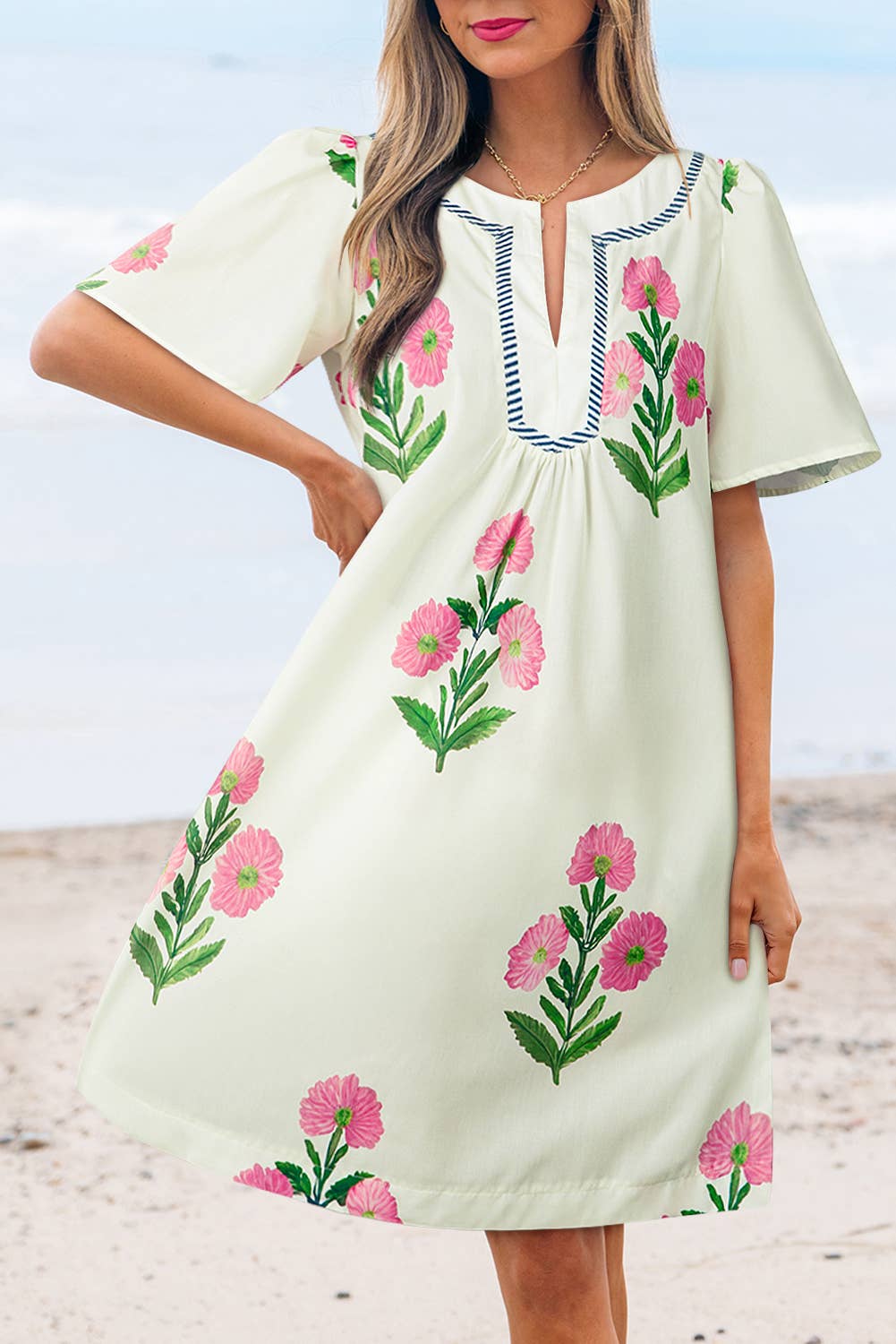 Split Neck Floral A-Line Summer Dress